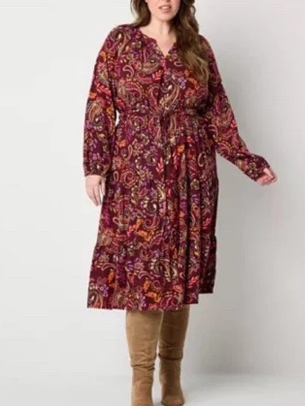 St. John's Bay Long Sleeve MIDI A-Line Belted Dress Maroon Paisley XL Fall Boho